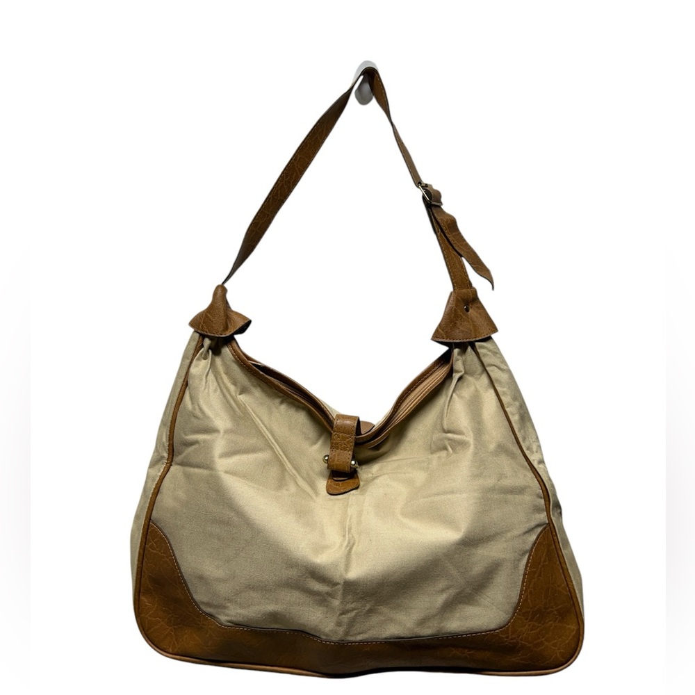 Vintage Tan brown vegan leather trim medium tote neutral canvas shoulder bag